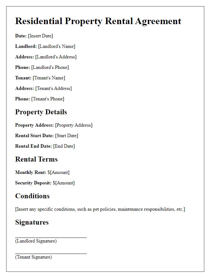 Letter template of residential property rental agreement