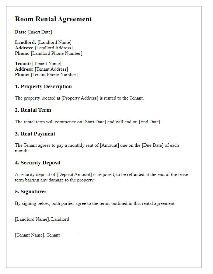 Letter template of room rental agreement