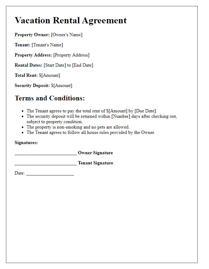 Letter template of vacation rental agreement