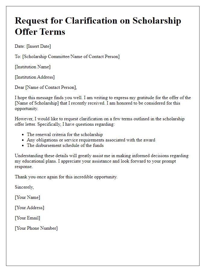 Letter template of scholarship offer clarification request for terms