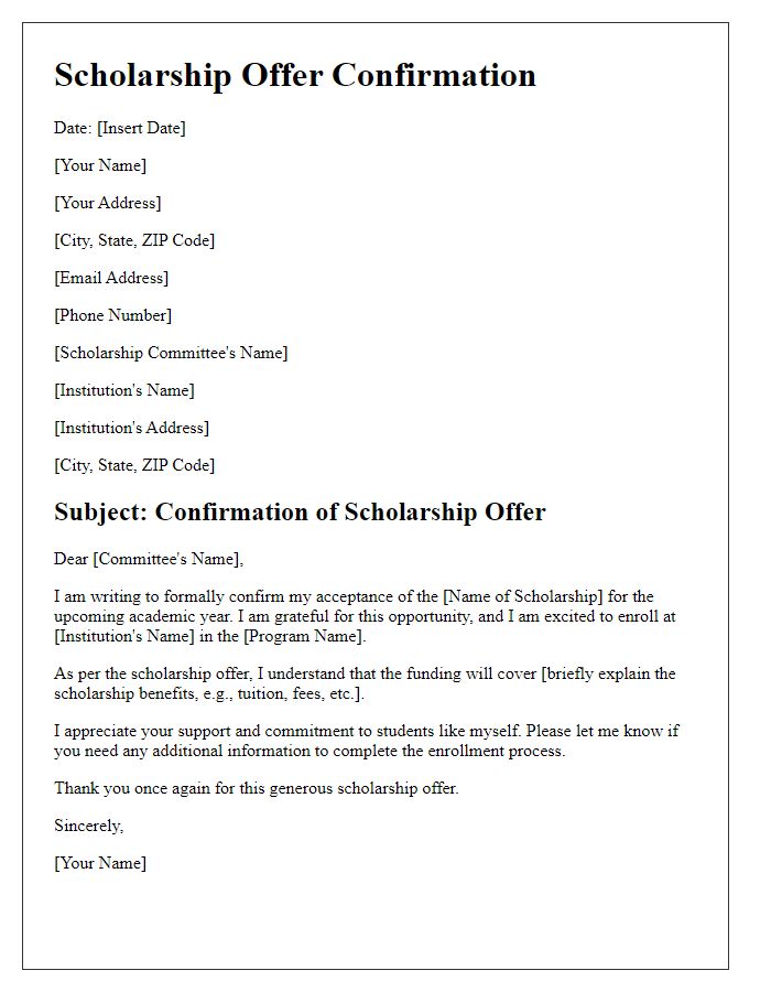 Letter template of scholarship offer confirmation for enrollment