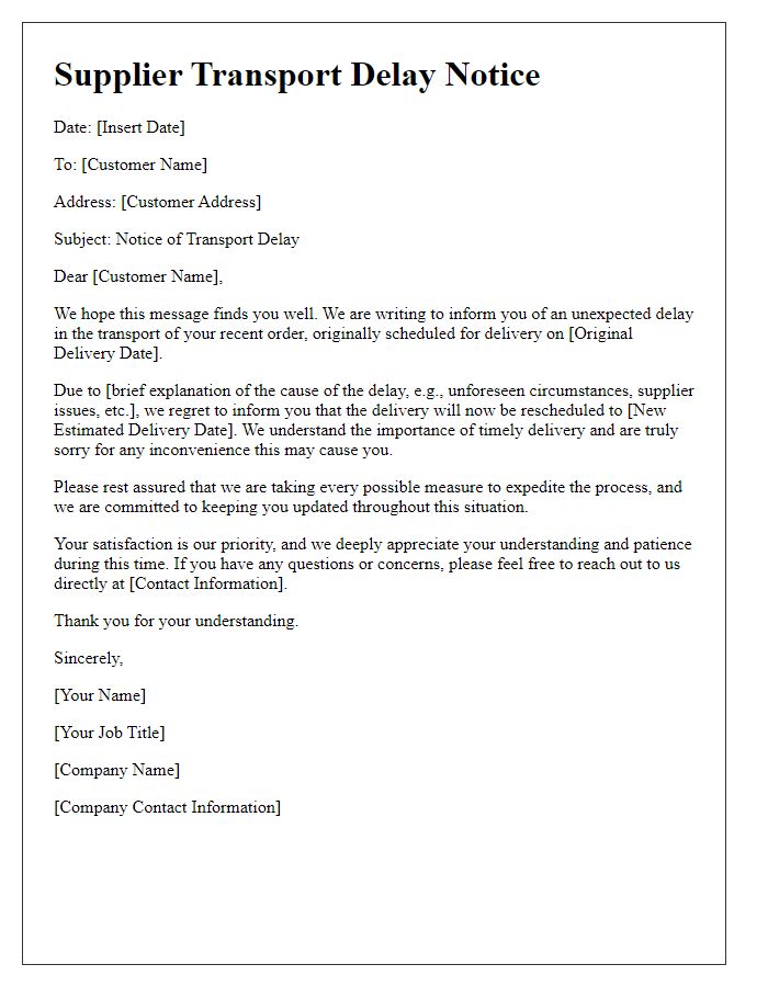 Letter template of supplier transport delay notice and heartfelt apology