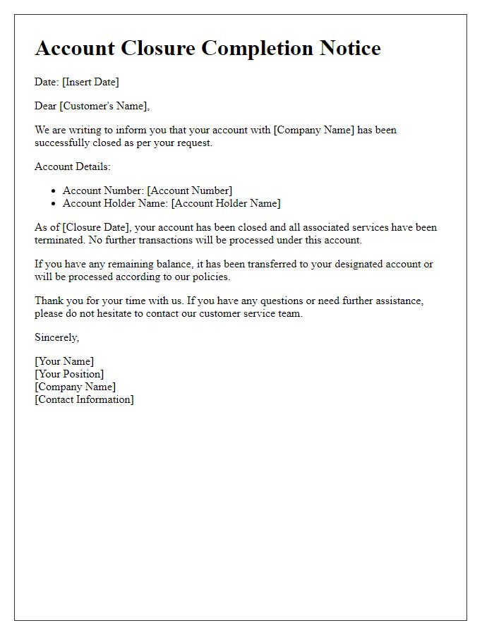 Letter template of Account Closure Completion Notice