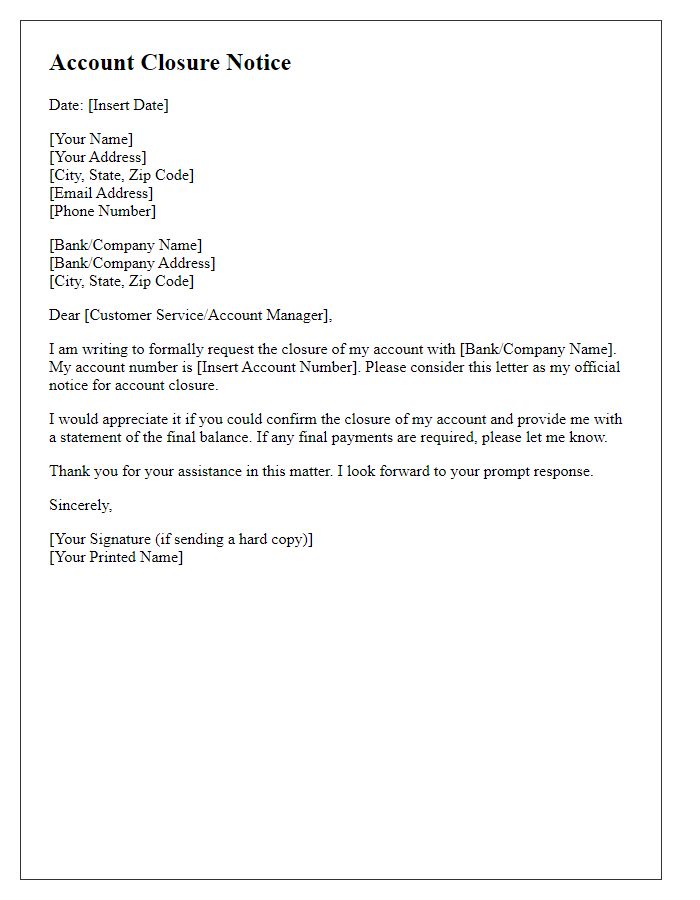 Letter template of Account Closure Notice