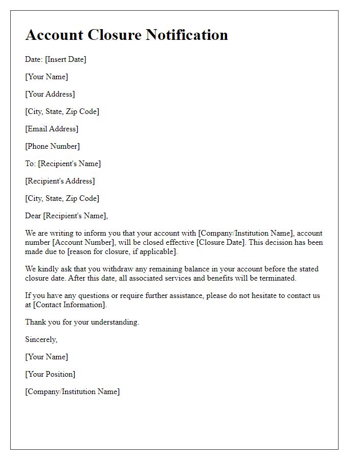 Letter template of Account Closure Notification