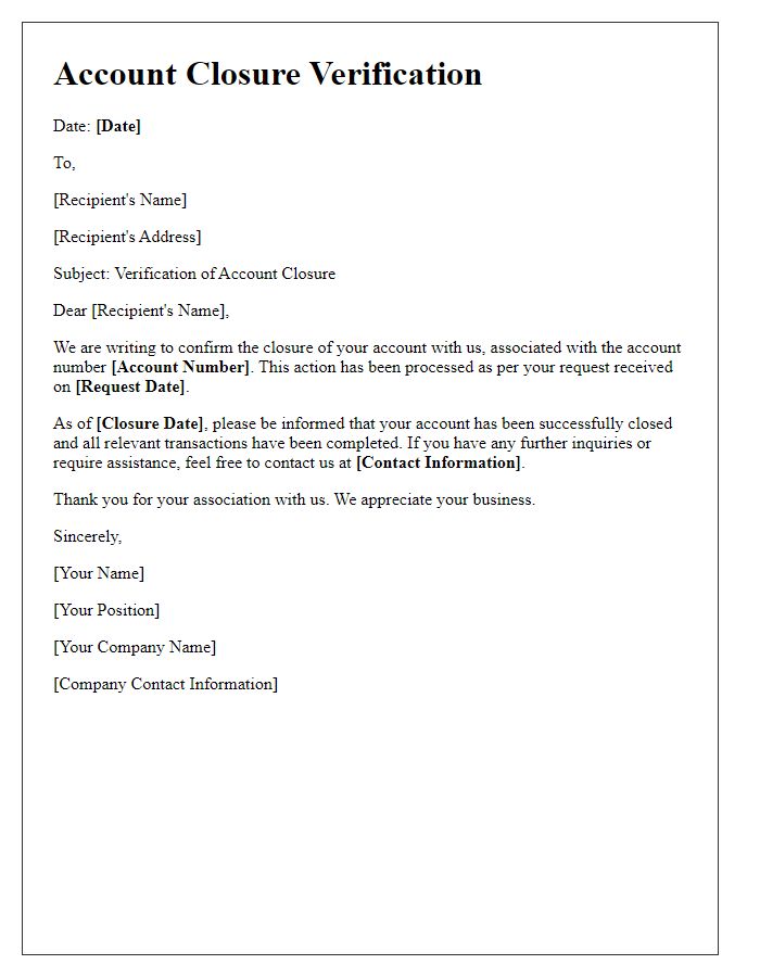 Letter template of Account Closure Verification