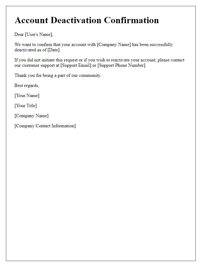 Letter template of Account Deactivation Confirmation