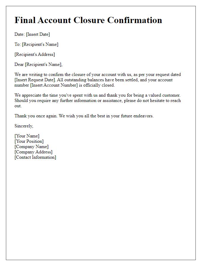Letter template of Final Account Closure Confirmation