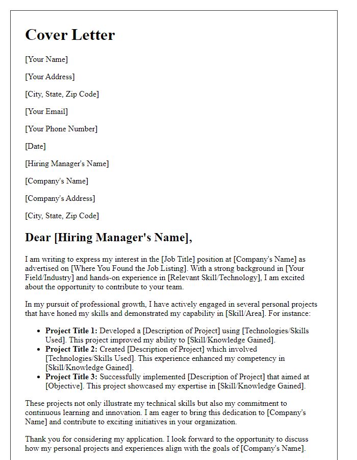 Letter template of cover letter detailing personal projects that demonstrate capability.