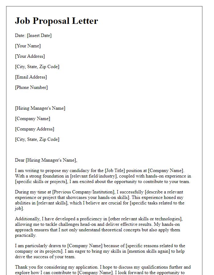 Letter template of job proposal focusing on hands-on experience and job-related skills.