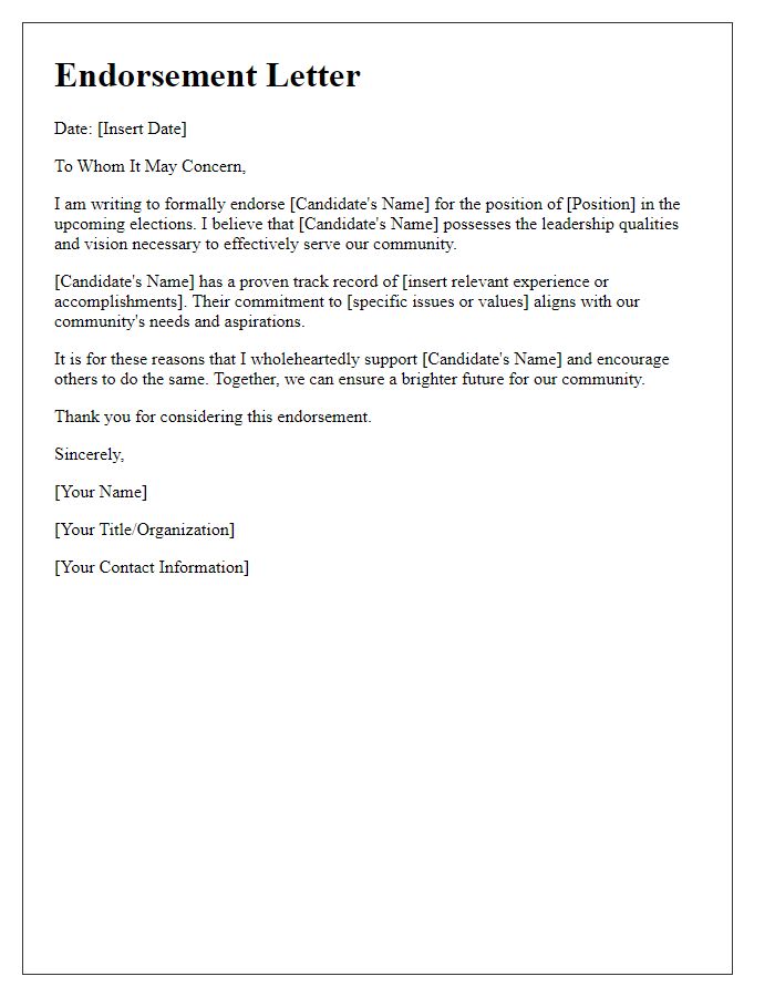 Letter template of endorsement for political candidates.