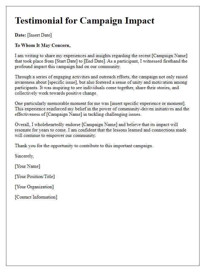 Letter template of testimonials for campaign impact.