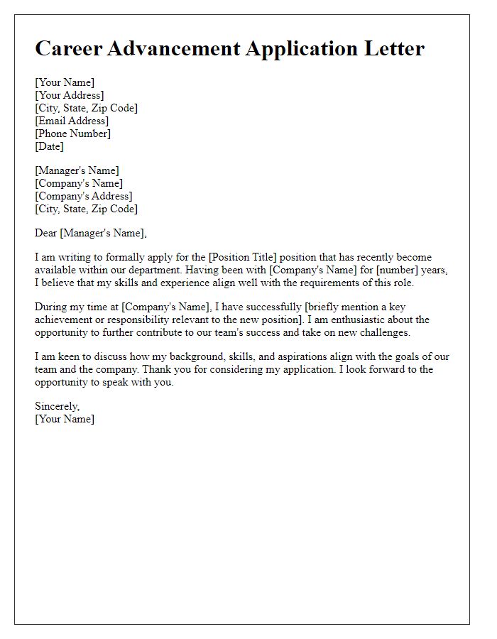 Letter template of application for career advancement within the company.