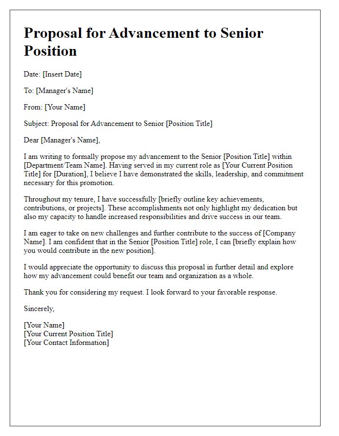 Letter template of proposal for advancement to senior position.