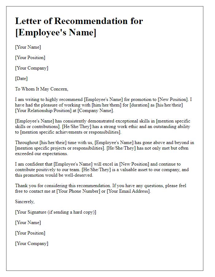 Letter template of recommendation for employee promotion.