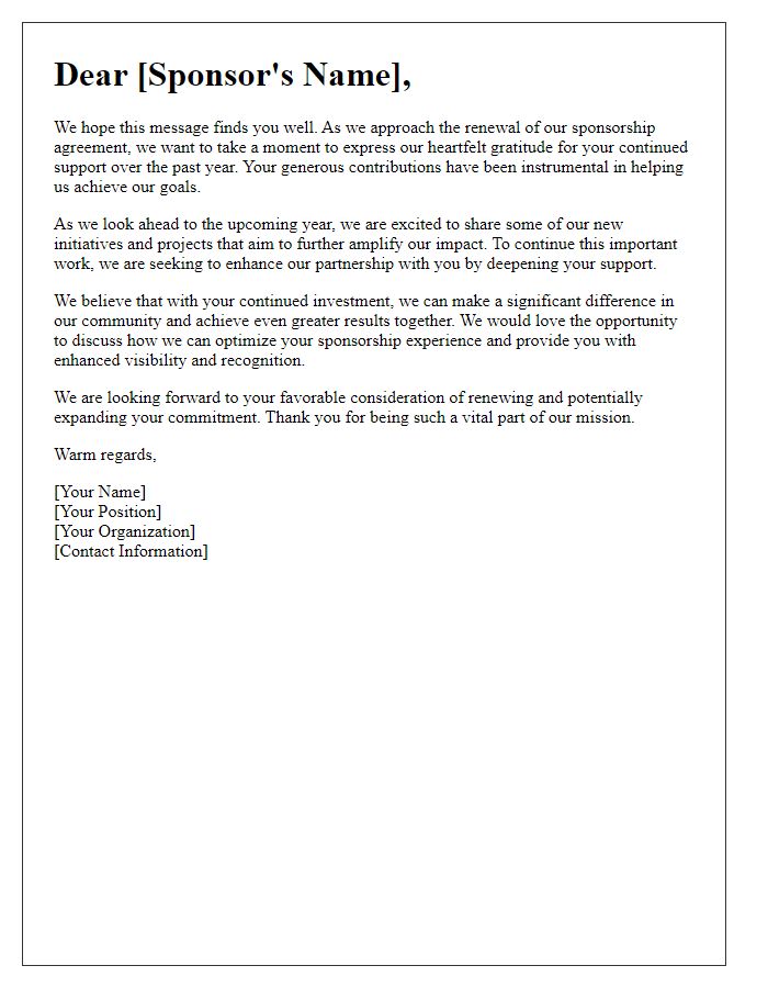 Letter template of sponsorship renewal appeal for enhanced support