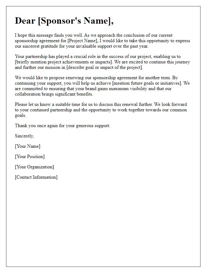 Letter template of sponsorship renewal correspondence for project support