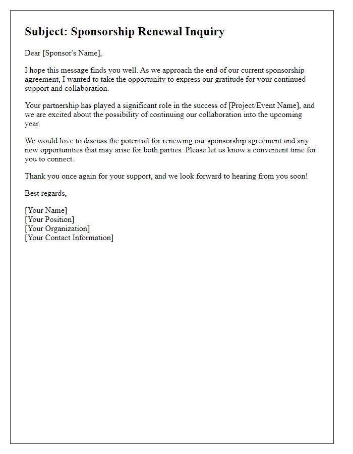 Letter template of sponsorship renewal inquiry for ongoing collaboration