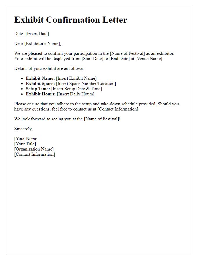 Letter template of festival exhibit confirmation