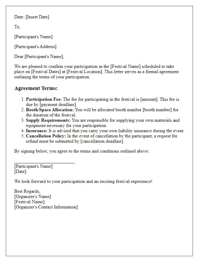 Letter template of festival participation agreement