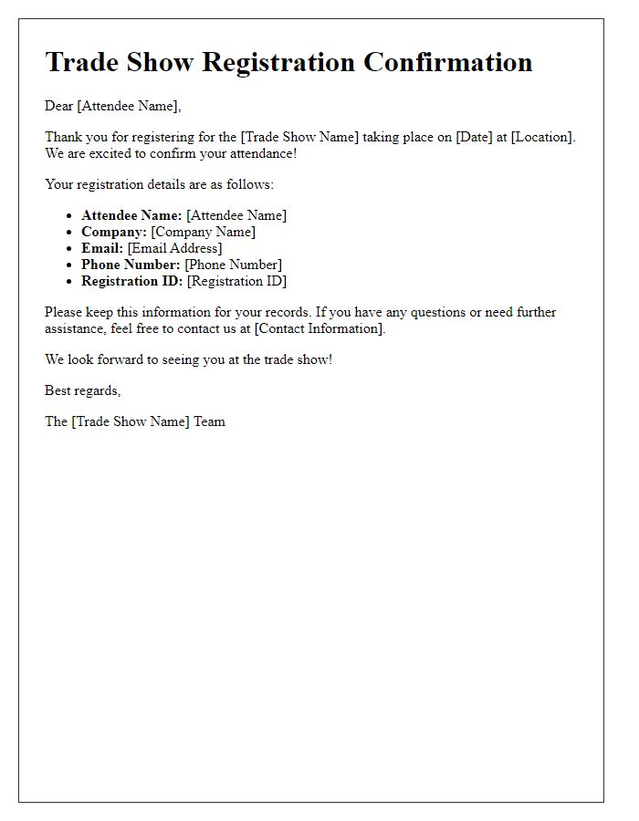 Letter template of trade show registration confirmation