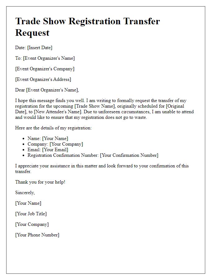 Letter template of trade show registration transfer request