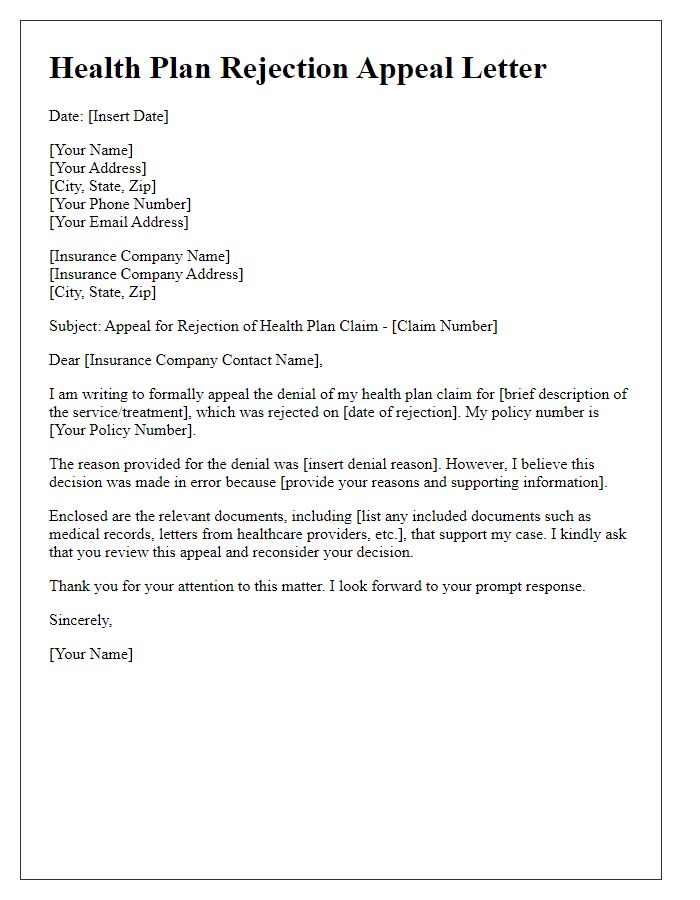 Letter template of health plan rejection appeal