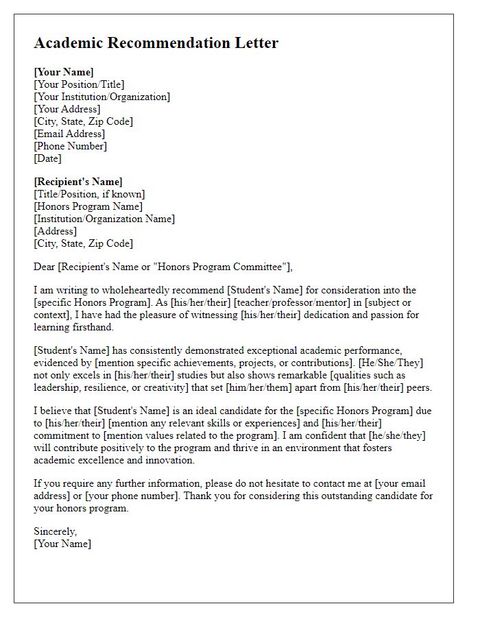 Letter template of academic recommendation for honors program consideration