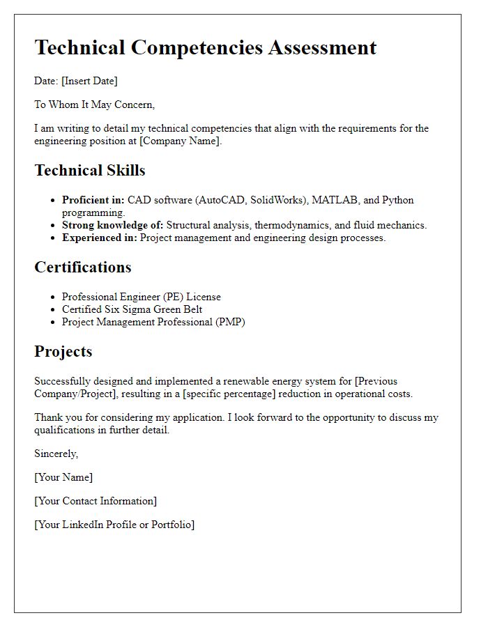 Letter template of technical competencies for engineering job application