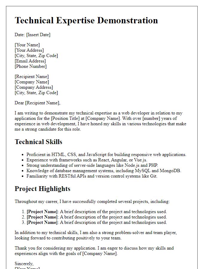 Letter template of technical expertise demonstration for web developer application