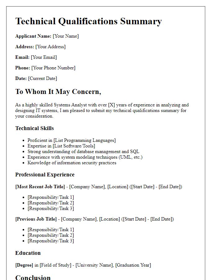 Letter template of technical qualifications summary for systems analyst application