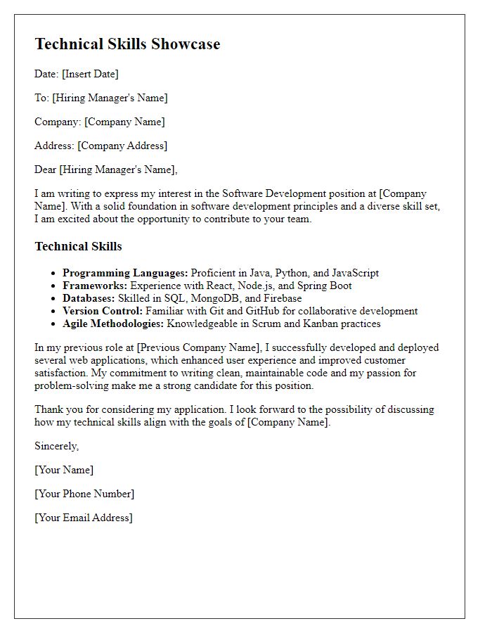 Letter template of technical skills showcase for software development position