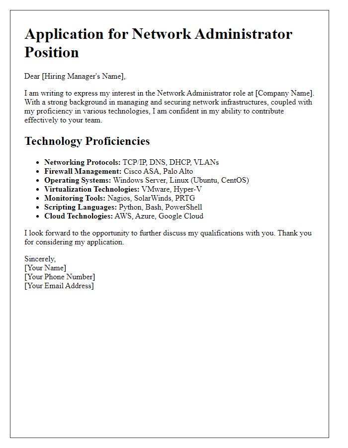 Letter template of technology proficiencies for network administrator role