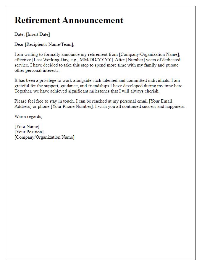 Letter template of formal retirement announcement