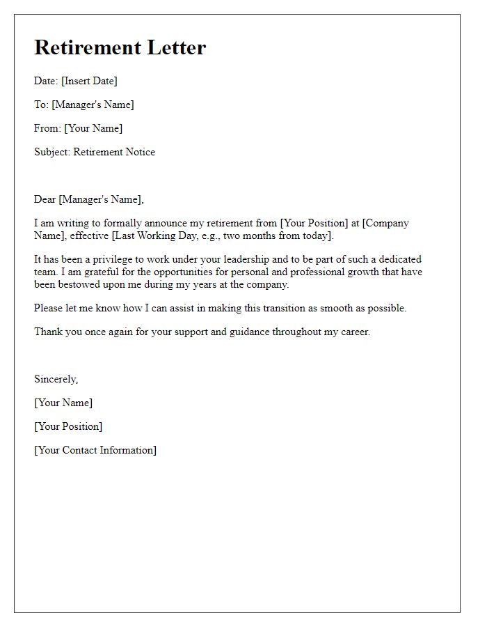 Letter template of personal retirement letter to manager