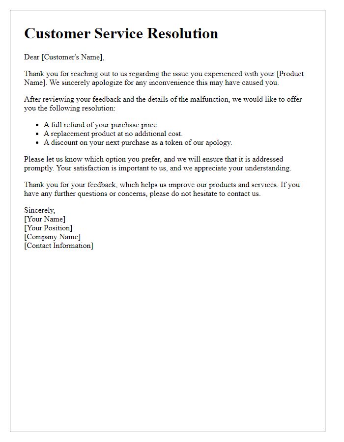 Letter template of customer service resolution for feedback on product malfunction