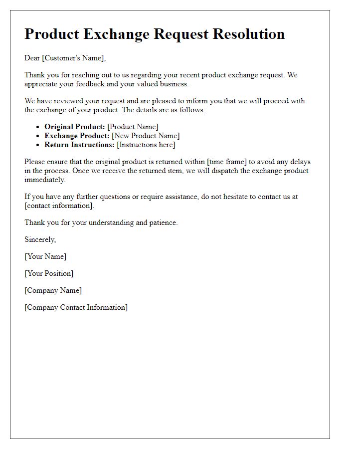 Letter template of customer service resolution for product exchange request