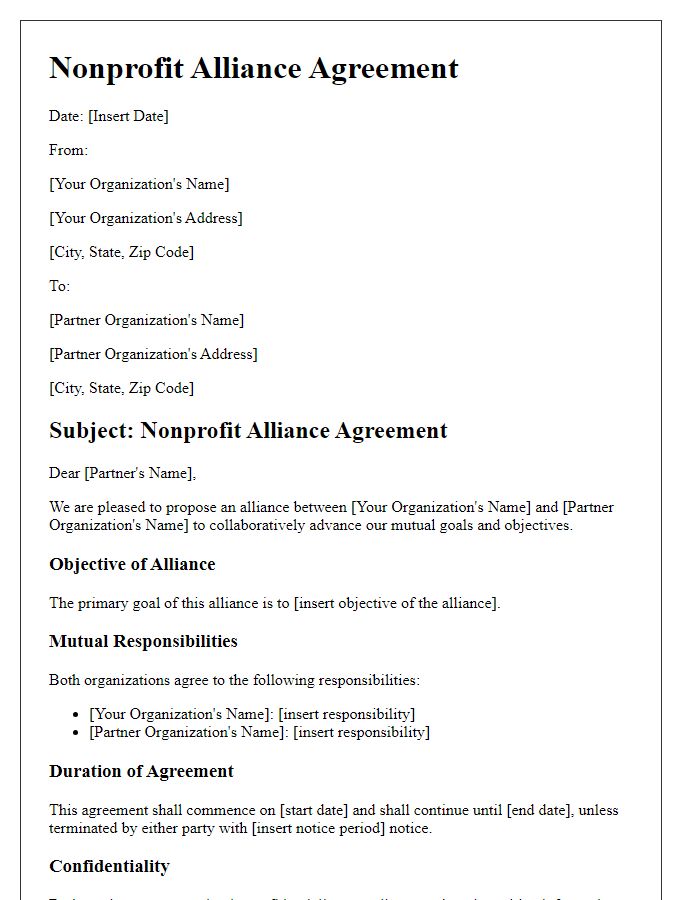 Letter template of nonprofit alliance agreement