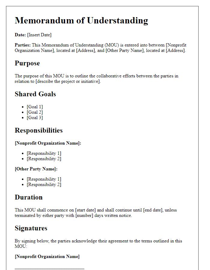 Letter template of nonprofit memorandum of understanding