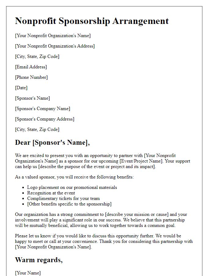 Letter template of nonprofit sponsorship arrangement