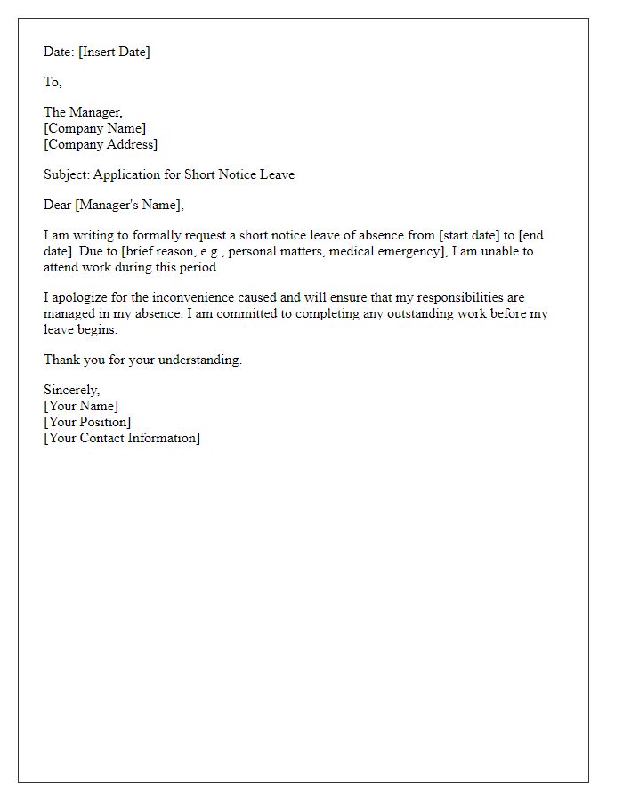 Letter template of short notice leave application