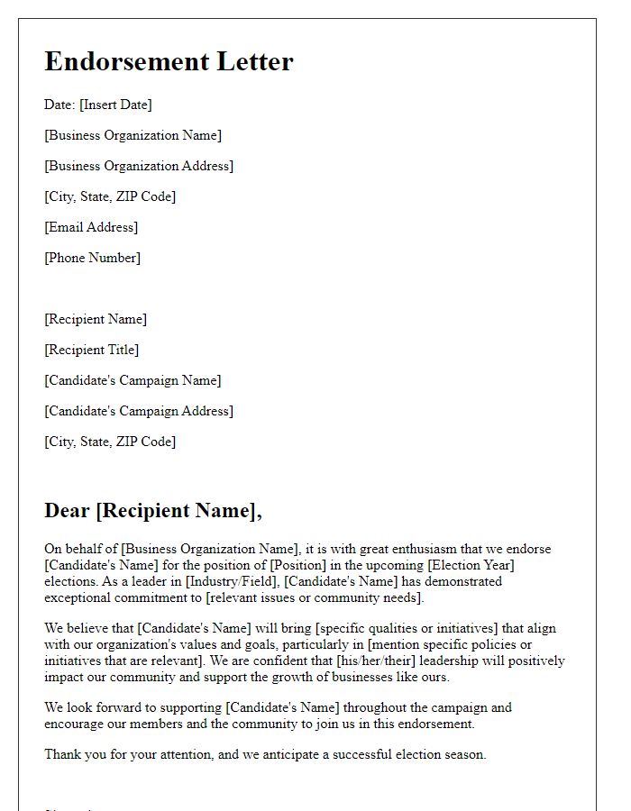 Letter template of endorsement for a political candidate from a business organization.