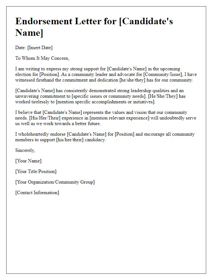 Letter template of endorsement for a political candidate from a community leader.