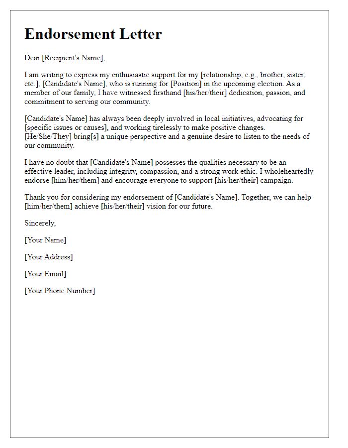 Letter template of endorsement for a political candidate from a family member.