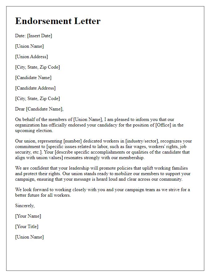 Letter template of endorsement for a political candidate from a labor union.