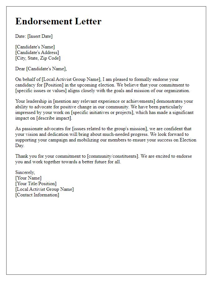 Letter template of endorsement for a political candidate from a local activist group.