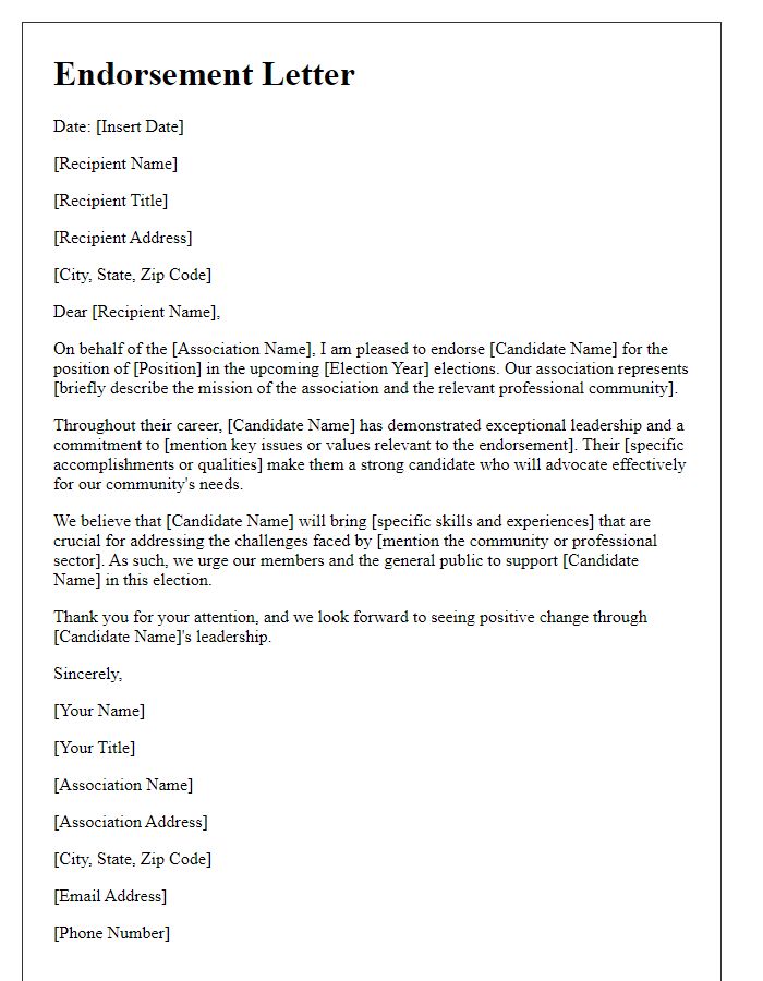 Letter template of endorsement for a political candidate from a professional association.