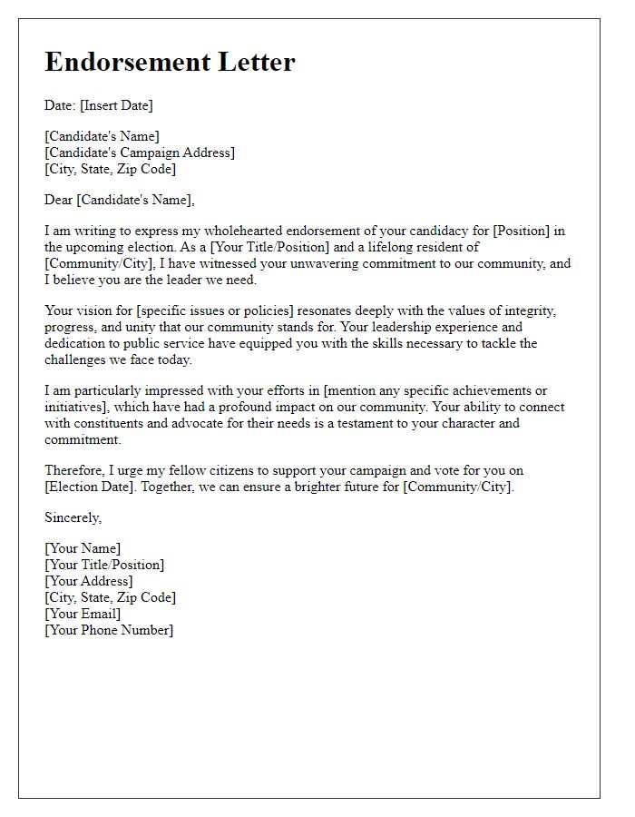 Letter template of endorsement for a political candidate from a prominent citizen.