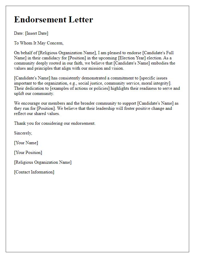 Letter template of endorsement for a political candidate from a religious organization.