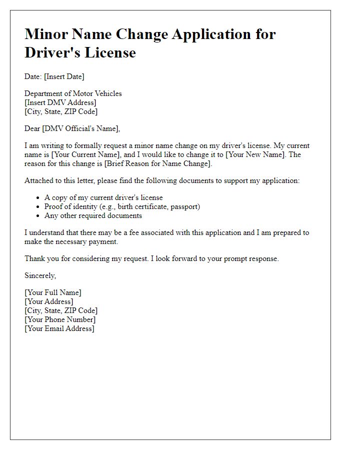 Letter template of minor name change application for drivers license.